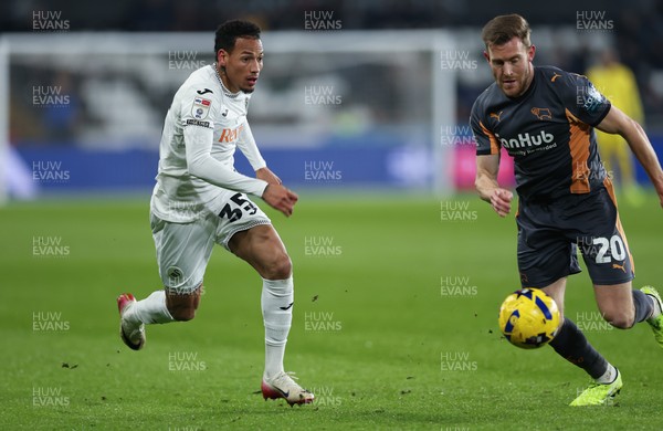 251125 - Swansea City v Derby County, EFL Sky Bet Championship - Ronald of Swansea City takes on Callum Elder of Derby County