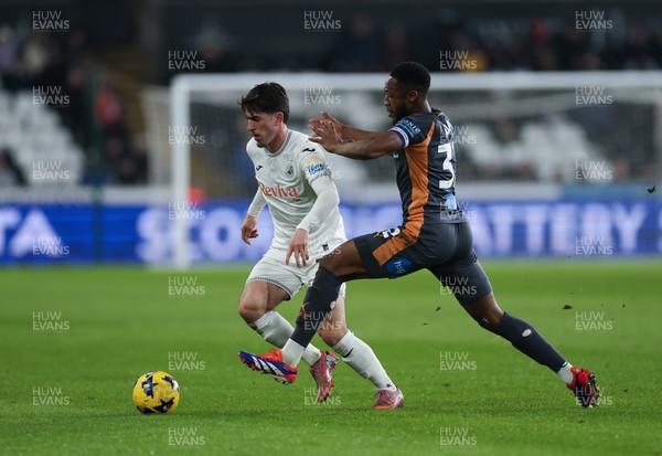 251125 - Swansea City v Derby County, EFL Sky Bet Championship - Josh Key of Swansea City takes on Ebou Adams of Derby County