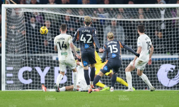 251125 - Swansea City v Derby County, EFL Sky Bet Championship - Lars-Jorgen Salvesen of Derby County shoots to score the second goal