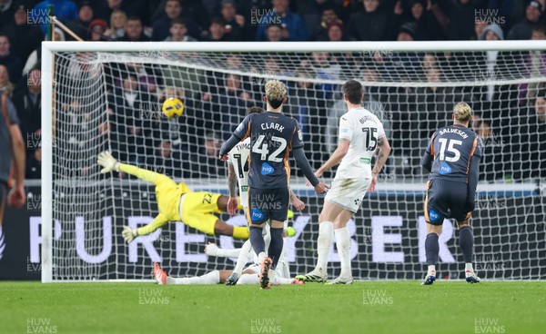 251125 - Swansea City v Derby County, EFL Sky Bet Championship - Lars-Jorgen Salvesen of Derby County shoots to score the second goal