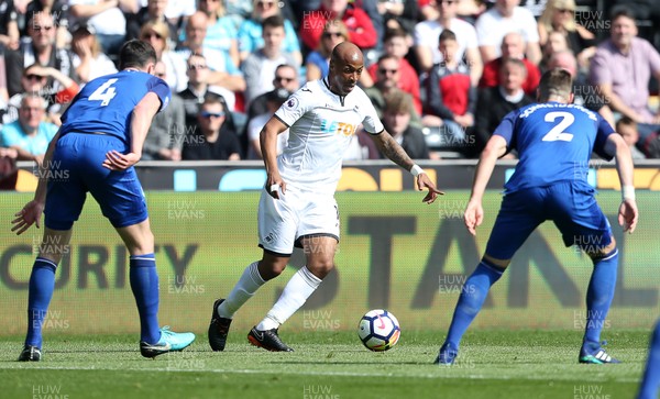 140418 - Swansea City v Everton - Premier League - Andre Ayew of Swansea is challenged by Michael Keane and Morgan Schneiderlin of Everton
