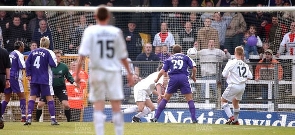 210403 - Swansea City v Exeter City - Third Division - Sean Devine (rt) heads ball into Swans' net