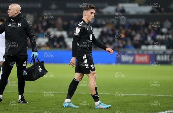 080322 - Swansea City v Fulham - SkyBet Championship - Harry Wilson of Fulham shows the crowd the mark on his leg after Ryan Manning of Swansea City is shown a red card for his tackle