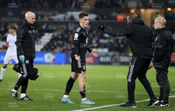 080322 - Swansea City v Fulham - SkyBet Championship - Harry Wilson of Fulham shows the crowd the mark on his leg after Ryan Manning of Swansea City is shown a red card for his tackle