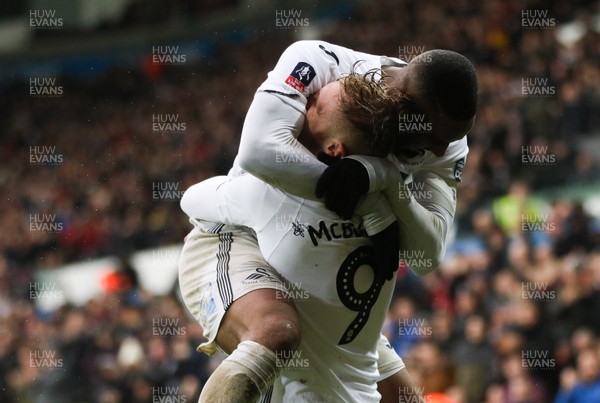 260119 -  Swansea City v Gillingham, FA Cup Fourth Round - Oli McBurnie of Swansea City celebrates with Leroy Fer of Swansea City after scoring the first goal