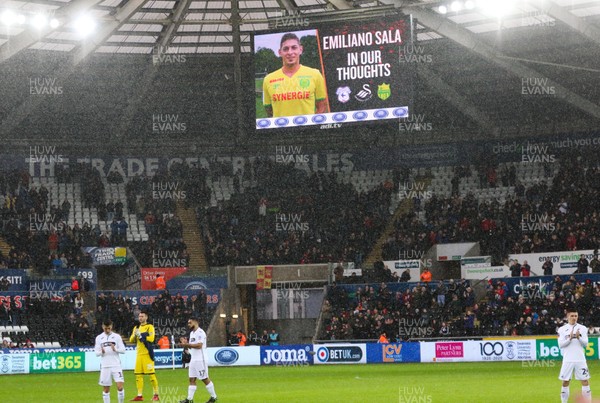 260119 -  Swansea City v Gillingham, FA Cup Fourth Round - The screen at the Liberty Stadium displays a message to Emiliano Sala, the Cardiff City footballer killed in a plane crash last week