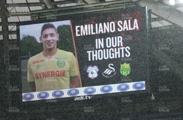 260119 -  Swansea City v Gillingham, FA Cup Fourth Round - The screen at the Liberty Stadium displays a message to Emiliano Sala, the Cardiff City footballer killed in a plane crash last week