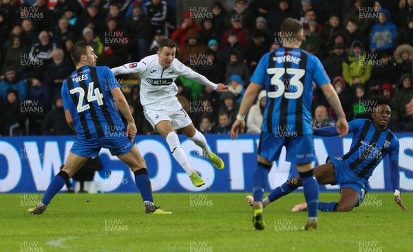 260119 -  Swansea City v Gillingham, FA Cup Fourth Round - Bersant Celina of Swansea City shoots to score Swansea's third goal