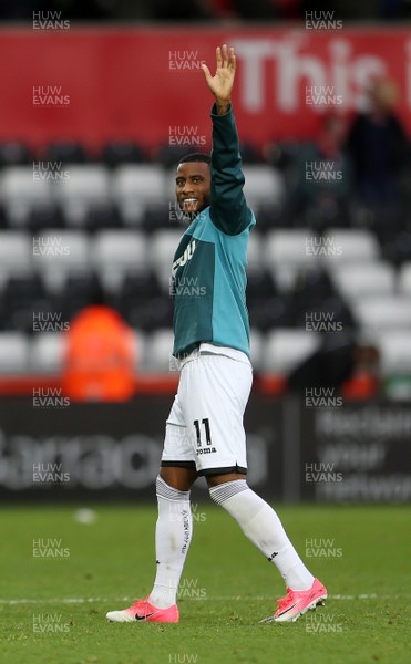 141017 - Swansea City v Huddersfield Town - Premier League - Luciano Narsingh of Swansea City waves to the fans at full time