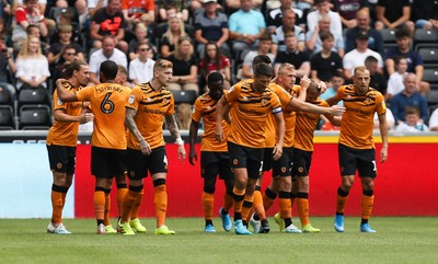 030819 - Swansea City v Hull City, Sky Bet Championship - Hull City celebrate after scoring goal early in the match