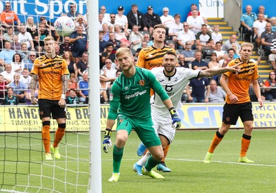 030819 - Swansea City v Hull City, Sky Bet Championship - Borja Baston of Swansea City heads the ball past Hull City goalkeeper George Long to score Swansea's first goal