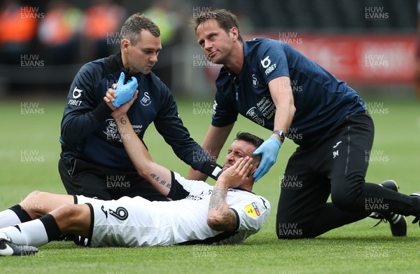 030819 - Swansea City v Hull City, Sky Bet Championship - Borja Baston of Swansea City receives treatment after a collision