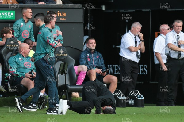 130925 - Swansea City v Hull City - Sky Bet Championship - Swansea City manager Alan Sheehan reacts by falling to the ground as Hull City score an equaliser in the 7th minute of injury time