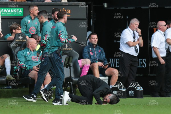 130925 - Swansea City v Hull City - Sky Bet Championship - Swansea City manager Alan Sheehan reacts by falling to the ground as Hull City score an equaliser in the 7th minute of injury time