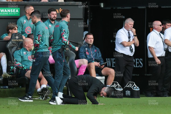130925 - Swansea City v Hull City - Sky Bet Championship - Swansea City manager Alan Sheehan reacts by falling to the ground as Hull City score an equaliser in the 7th minute of injury time