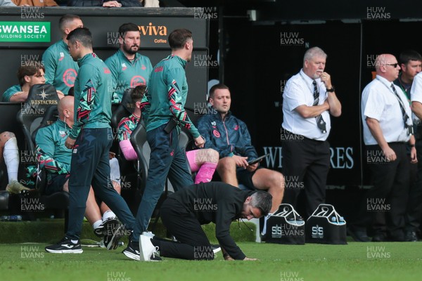 130925 - Swansea City v Hull City - Sky Bet Championship - Swansea City manager Alan Sheehan reacts by falling to the ground as Hull City score an equaliser in the 7th minute of injury time