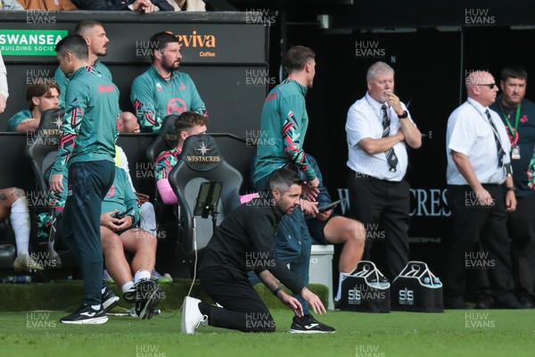 130925 - Swansea City v Hull City - Sky Bet Championship - Swansea City manager Alan Sheehan reacts by falling to the ground as Hull City score an equaliser in the 7th minute of injury time