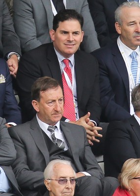 200816 - Swansea City v Hull City, Premier League - Jason Levien, centre, red tie, one of the members of the American consortium who bough the major share in Swansea City, sat behind Chairman Huw Jenkins