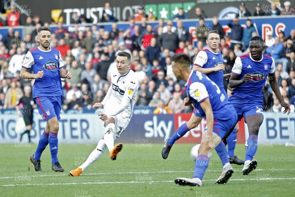 061018 - Swansea City v Ipswich Town, EFL Championship - Bersant Celina of Swansea City (centre) scores his side's second goal