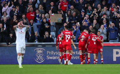 081125 - Swansea City v Ipswich Town, EFL Sky Bet Championship - Josh Tymon of Swansea City reacts as Ipswich celebrate their second goal with the fans