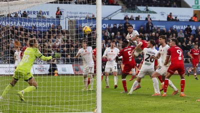 081125 - Swansea City v Ipswich Town, EFL Sky Bet Championship - Ipswich goalkeeper reacts to save fa header from Ben Cabango of Swansea City