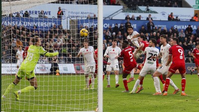 081125 - Swansea City v Ipswich Town, EFL Sky Bet Championship - Ipswich goalkeeper reacts to save fa header from Ben Cabango of Swansea City