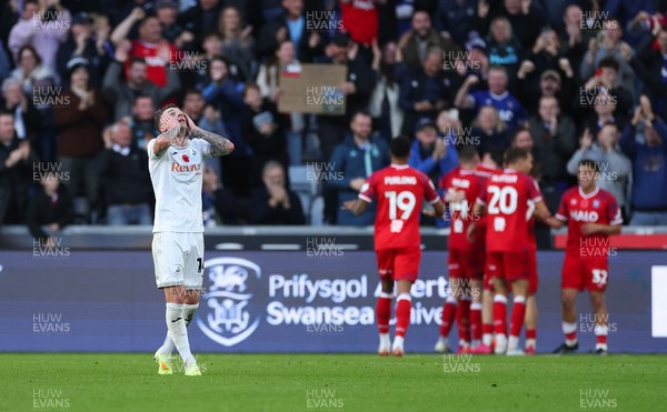 081125 - Swansea City v Ipswich Town, EFL Sky Bet Championship - Josh Tymon of Swansea City reacts as Ipswich celebrate their second goal with the fans