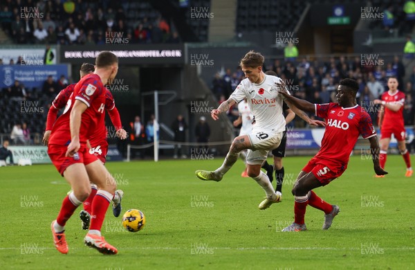 081125 - Swansea City v Ipswich Town, EFL Sky Bet Championship - Ethan Galbraith of Swansea City fies a shot at goal