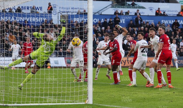 081125 - Swansea City v Ipswich Town, EFL Sky Bet Championship - Ipswich goalkeeper reacts to save fa header from Ben Cabango of Swansea City