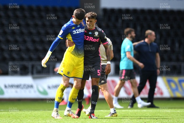 120720 - Swansea City v Leeds United - EFL SkyBet Championship - Illan Meslier and Ben White of Leeds United celebrate at the end of the game