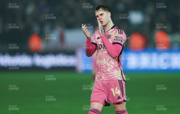130224 - Swansea City v Leeds United, EFL Sky Bet Championship - Joe Rodon of Leeds United applauds the Swansea fans at the end of the match