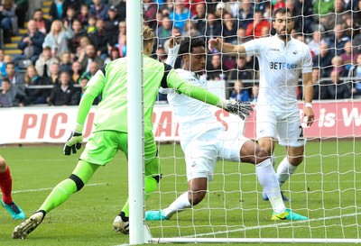 011016 - Swansea City v Liverpool, Premier League - Leroy Fer of Swansea City beats Liverpool goalkeeper Loris Karius to score goal