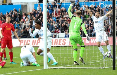 011016 - Swansea City v Liverpool, Premier League - Leroy Fer of Swansea City, centre, beats Liverpool goalkeeper Loris Karius to score goal