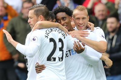 011016 - Swansea City v Liverpool, Premier League - Leroy Fer of Swansea City, centre, celebrates with team mates after scoring goal