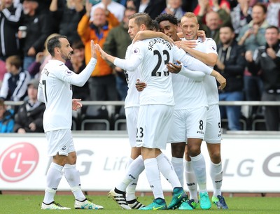 011016 - Swansea City v Liverpool, Premier League - Leroy Fer of Swansea City, centre, celebrates with team mates after scoring goal