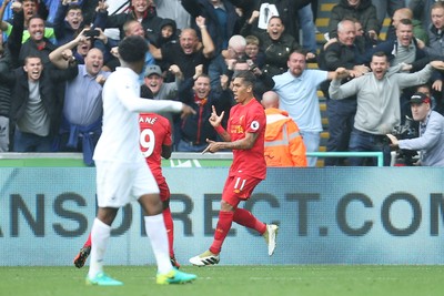 011016 - Swansea City v Liverpool, Premier League - Roberto Firmino of Liverpool celebrates after scoring goal