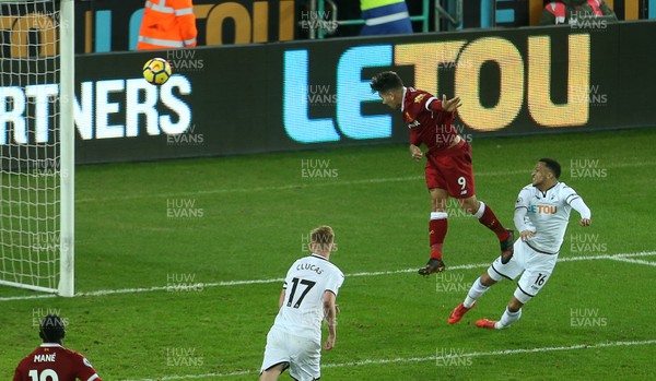 220118 - Swansea City v Liverpool - Premier League - Roberto Firmino of Liverpool header bounces off the post in the final seconds of the game