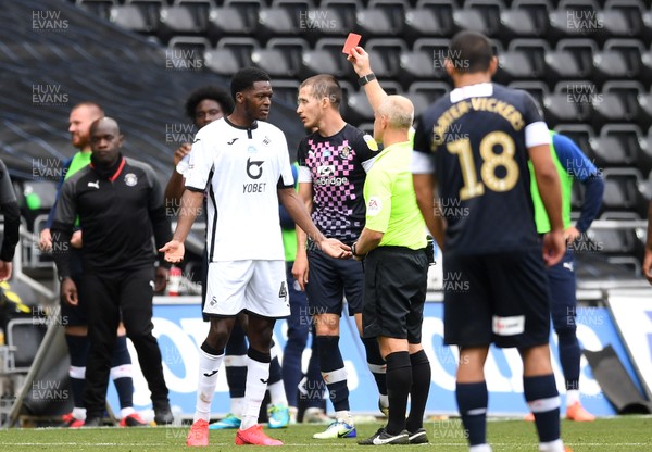 270620 - Swansea City v Luton - SkyBet Championship - Jordon Garrick of Swansea City is shown a red card