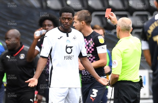 270620 - Swansea City v Luton - SkyBet Championship - Jordon Garrick of Swansea City is shown a red card