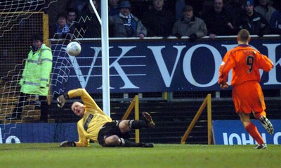 3-02-04 Swansea City v Macclesfield Town Macclesfield's Matthew Tipton gets shot past Roger Freestone to score  