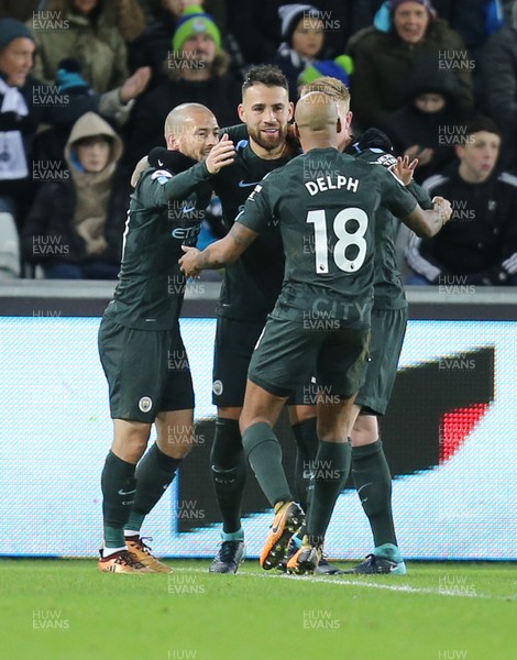 131217 - Swansea City v Manchester City, Premier League - Manchester City player celebrate with Kevin De Bruyne after he score the second goal