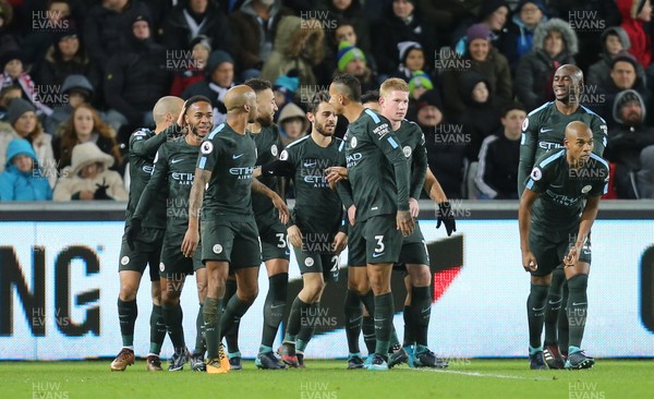 131217 - Swansea City v Manchester City, Premier League - Manchester City player celebrate with Kevin De Bruyne after he score the second goal