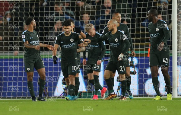 131217 - Swansea City v Manchester City, Premier League - Manchester City players celebrate with Sergio Aguero after he scores the fourth goal