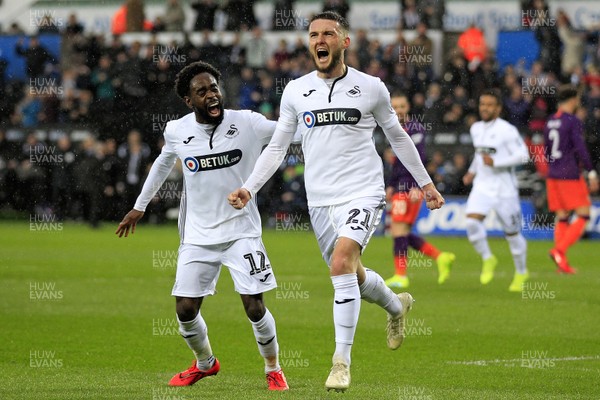 160319 - Swansea City v Manchester City, FA Cup Sixth Round - Matt Grimes of Swansea City (right) celebrates scoring his side's first goal with Nathan Dyer