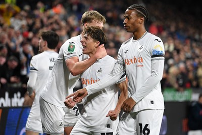 291025 - Swansea City v Manchester City - Carabao Cup Round 4 - Goncalo Franco of Swansea City celebrates scoring a goal with team mates