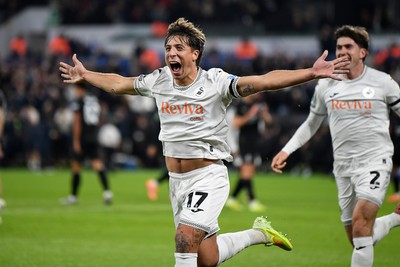 291025 - Swansea City v Manchester City - Carabao Cup Round 4 - Goncalo Franco of Swansea City celebrates scoring a goal with team mates