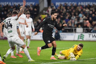 291025 - Swansea City v Manchester City - Carabao Cup Round 4 - Rayan Cherki of Manchester City has a shot on goal