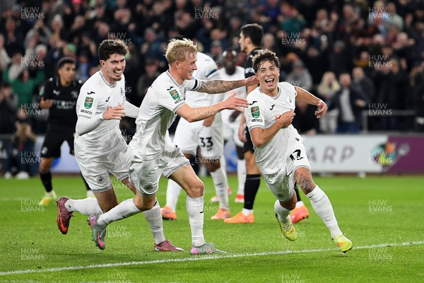 291025 - Swansea City v Manchester City - Carabao Cup Round 4 - Goncalo Franco of Swansea City celebrates scoring a goal with team mates