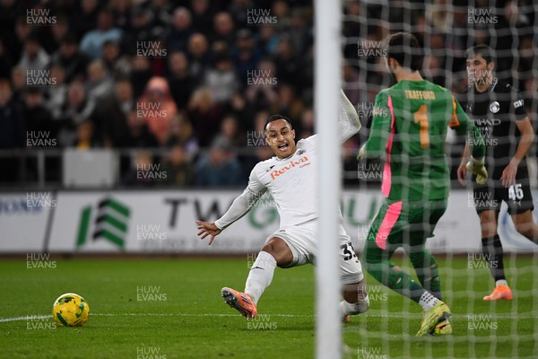 291025 - Swansea City v Manchester City - Carabao Cup Round 4 - Adam Idah of Swansea City goes close