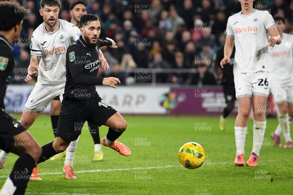 291025 - Swansea City v Manchester City - Carabao Cup Round 4 - Rayan Cherki of Manchester City has a shot on goal